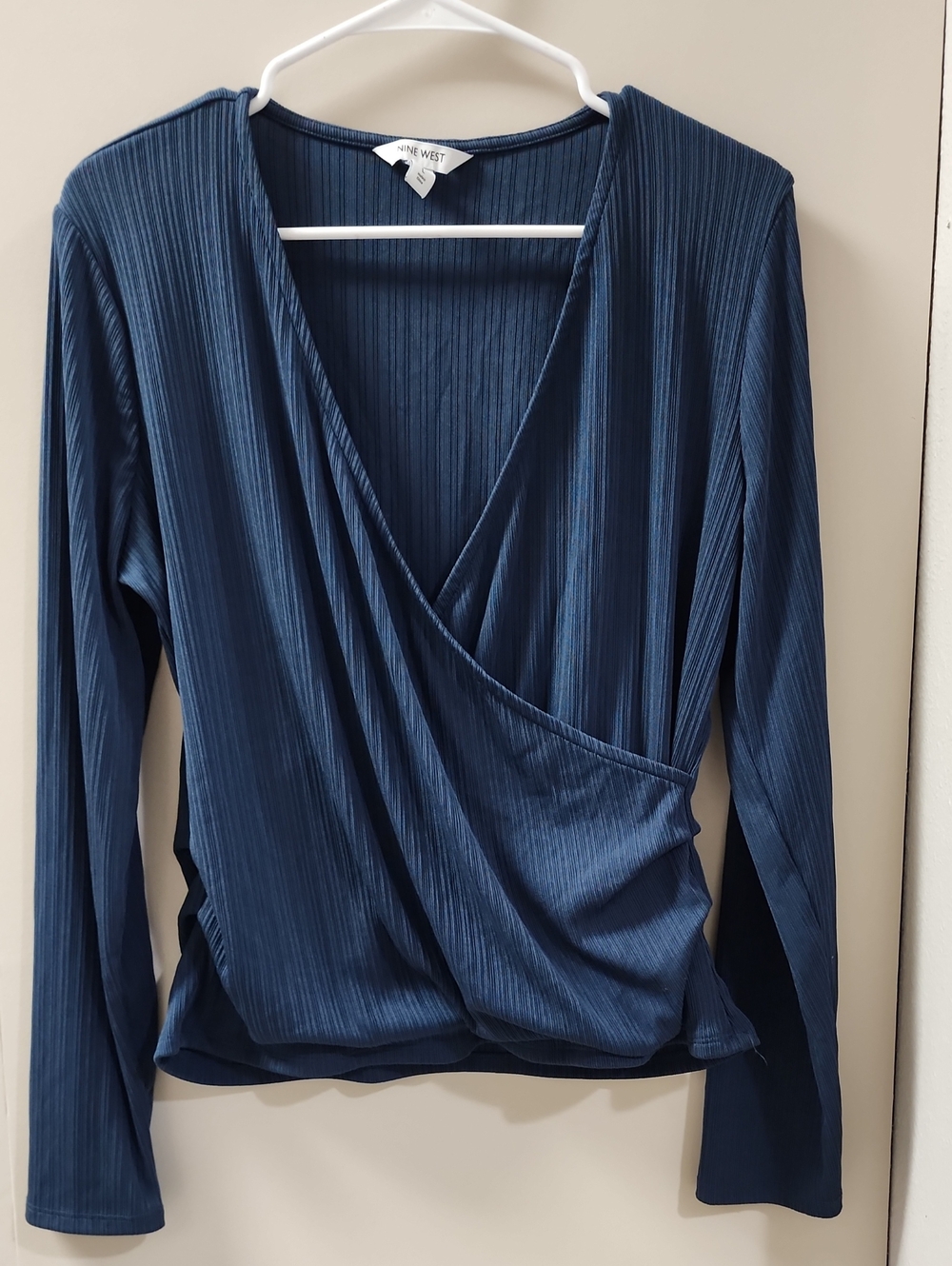Nine West Deep Navy Ribbed Wrap-Front Long Sleeve Top
